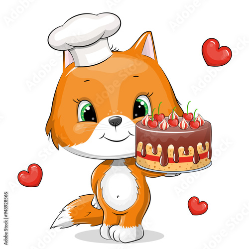 A cute cartoon chef fox in a chef's hat is holding a cake and is surrounded by red hearts. Vector illustration of an animal on a white background.