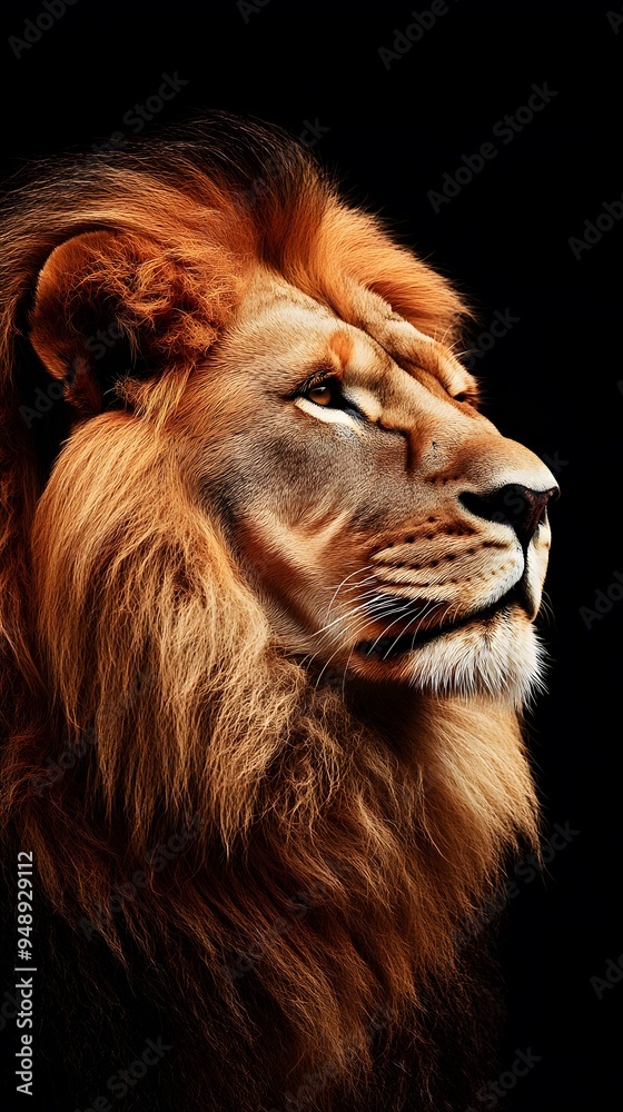 Lion Close-up Looking Up on Black Background, Abstract Image, Texture, Pattern, Wallpaper, Cover and Screen of Smartphone, PC, Laptop, 9:16 and 16:9 Format