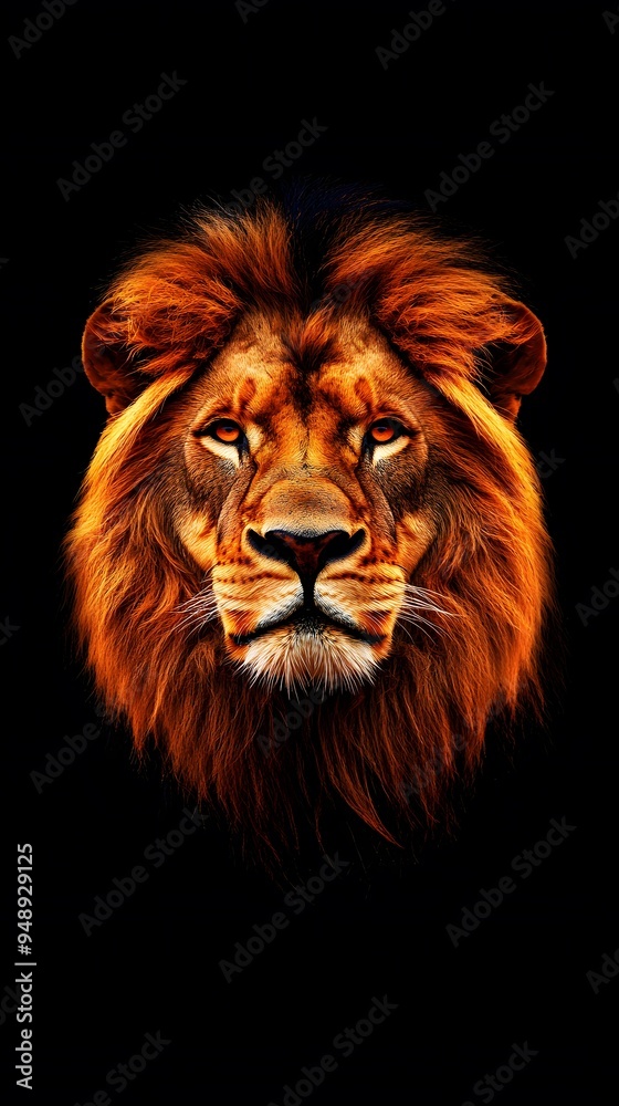 Fototapeta premium Lion Close-up Looking Up on Black Background, Abstract Image, Texture, Pattern, Wallpaper, Cover and Screen of Smartphone, PC, Laptop, 9:16 and 16:9 Format