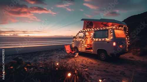 View of a self built camper van surrounded with fairy lights enjoying an unforgettable beachfront a sunset