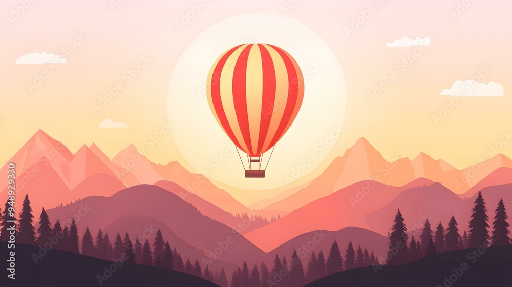Hot Air Balloon Flying Over Mountain Range At Sunset Hot Air Balloon Flying Over Mountain Range At Sunset