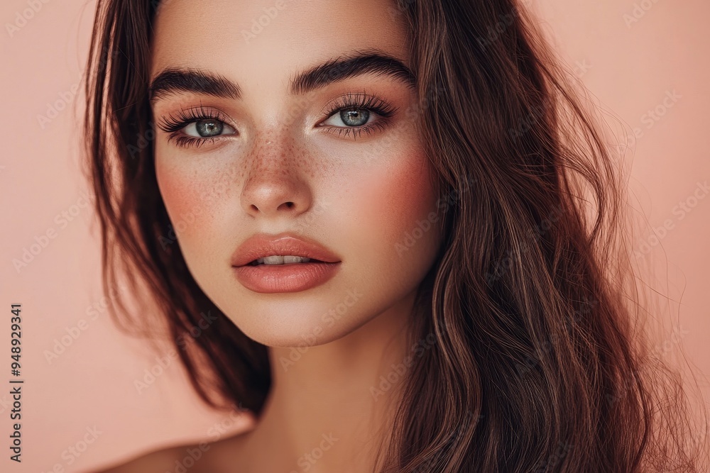 Close-up of a woman's face with flawless skin and subtle makeup. Close-up of a woman's face with flawless skin and subtle makeup.