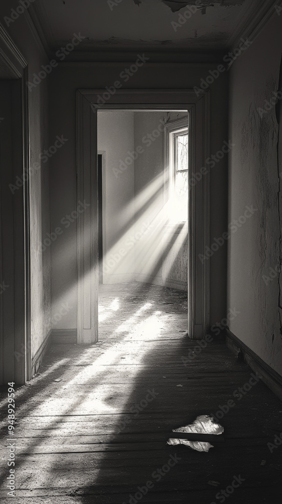 Obraz premium Spooky abandoned house with light streaming on Halloween night 