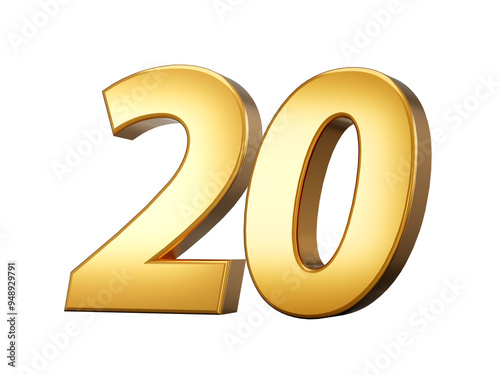 3d number 20 twenty Gold text isolated on white background with reflection 3d illustration
