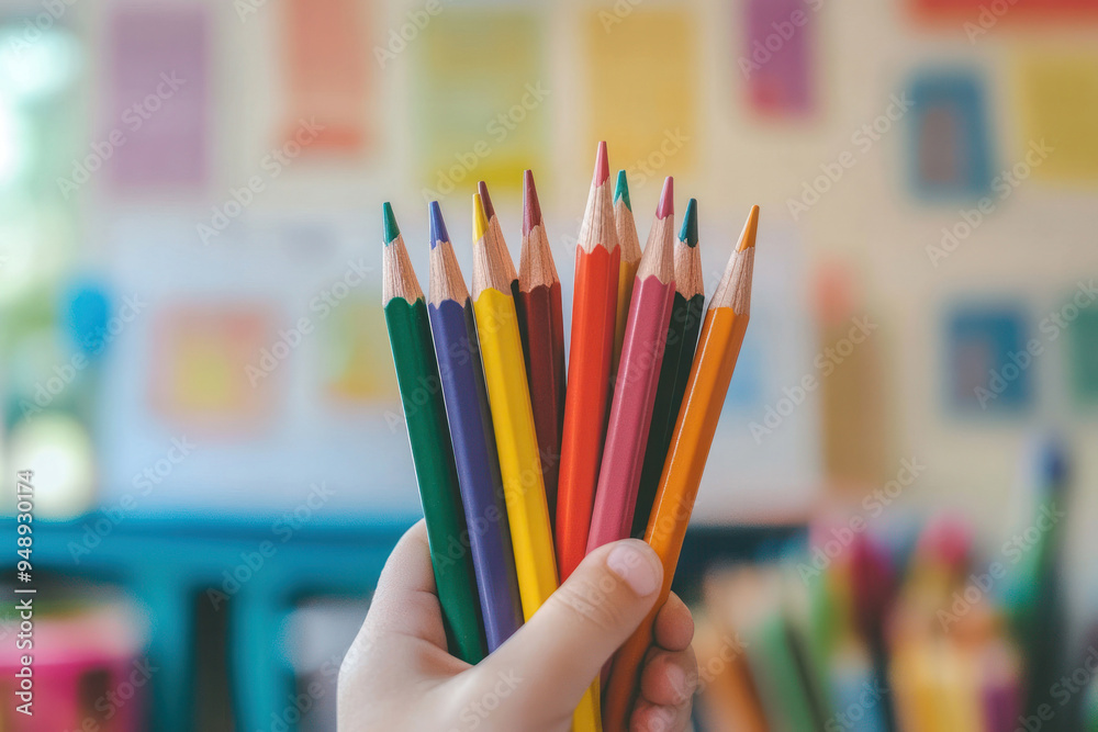 A Child’s Hand Holding a Set of Colorful Paintings A Child’s Hand Holding a Set of Colorful Paintings