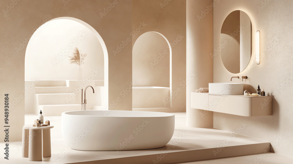 A serene bathroom scene with a freestanding oval bathtub A serene bathroom scene with a freestanding oval bathtub