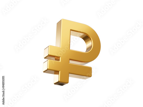 Shiny golden Russian Ruble currency symbol. 3d illustration isolated on white background
