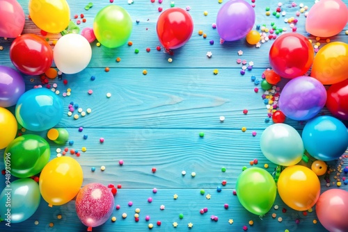 Bright blue tabletop scattered with colorful balloons and confetti, ready to celebrate a special occasion.