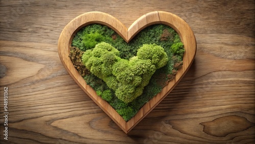 Carved wooden heart shape with natural finishes like walnut and oak and earthy moss green accents conveying organic and photo