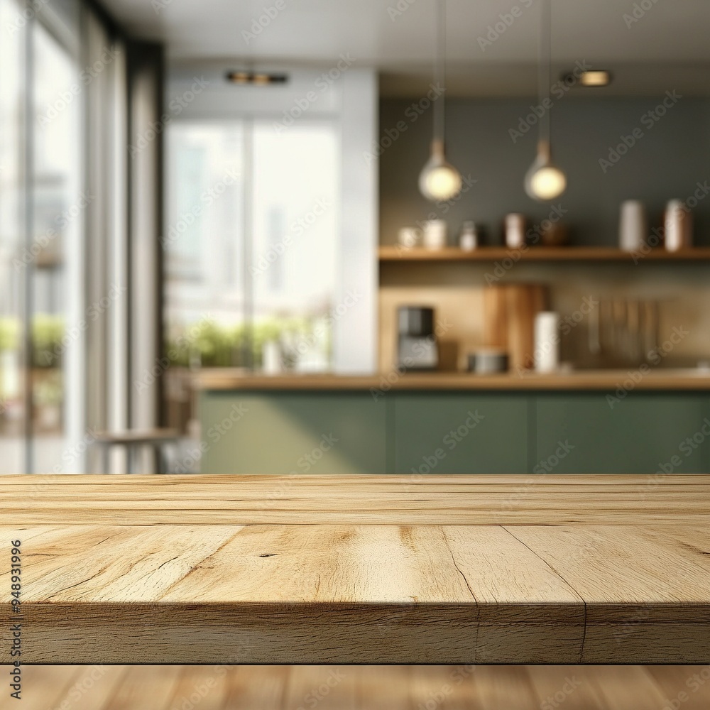 Wooden table top on blur kitchen room background,Modern Contemporary green kitchen room interior generative ai Wooden table top on blur kitchen room background,Modern Contemporary green kitchen room interior generative ai