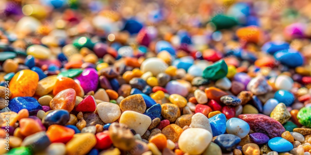Close-up of small, colorful stones and pebbles scattered on a rough, textured gravel surface, with shallow depth of Close-up of small, colorful stones and pebbles scattered on a rough, textured gravel surface, with shallow depth of