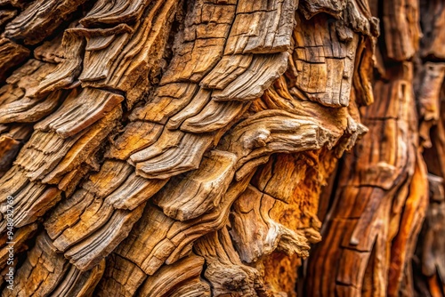 Close-up of rugged, weathered tree bark with intricate patterns, ridges, and crevices, showcasing the organic beauty of