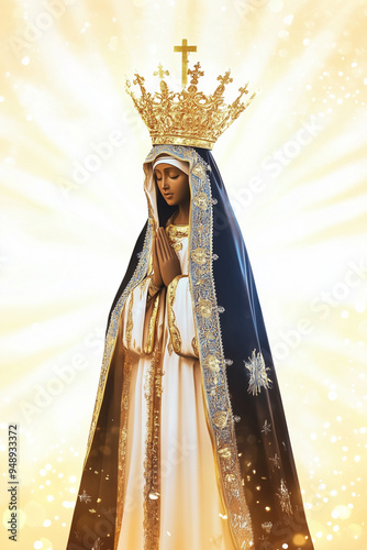 Revered Brazilian Catholic statue of Our Lady of Aparecida (Nossa Senhora Aparecida). Glowing bokeh backdrop reflects faith and spirituality. Ideal for religious concepts with space for text