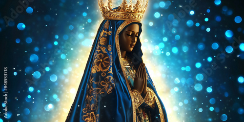 Statue of Our Lady of Aparecida (Nossa Senhora Aparecida), Brazilian saint with glowing bokeh background. Symbolizing Catholic faith and tradition, ideal for religious content with room for text