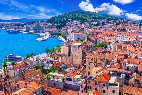 Split, Croatia: Panoramic cityscape of the old medieval city, waterfront and Marjan hill, Dalmatia, Adriatic sea photo