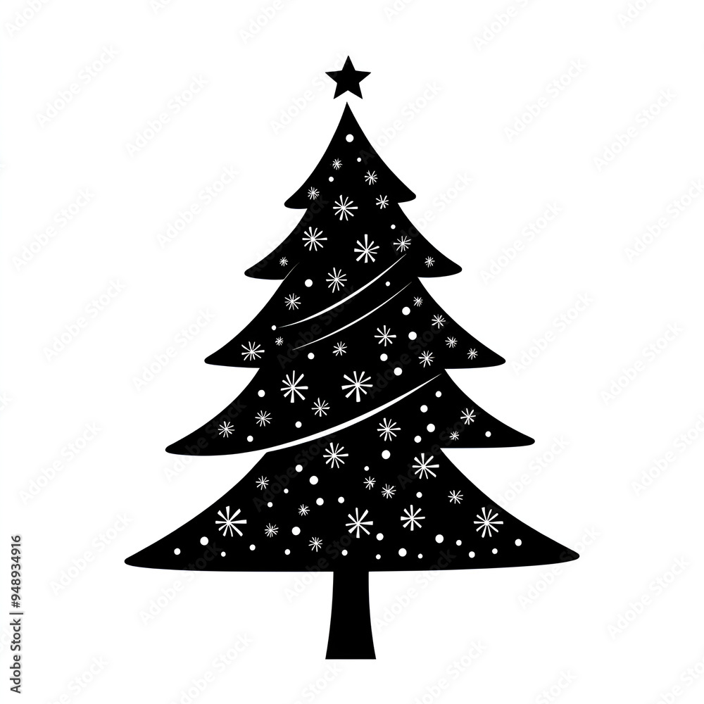 Fototapeta premium Simple Christmas Tree Silhouette with Snowflakes and a Star on Top in Black and White for Holiday-Themed Designs