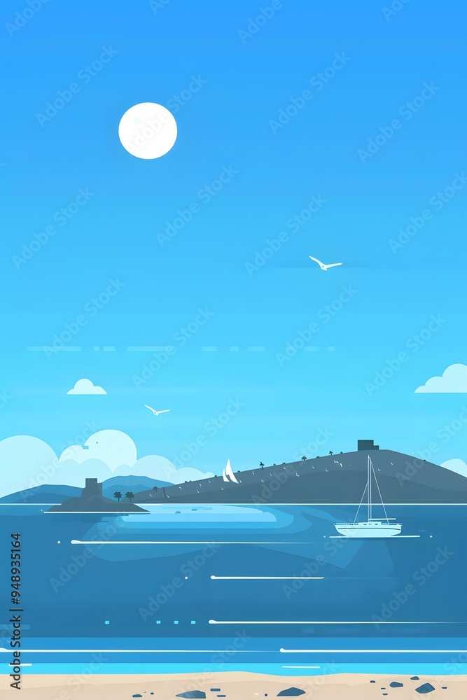 Summer Vacation Illustration with Blue Sky and Sea Summer Vacation Illustration with Blue Sky and Sea