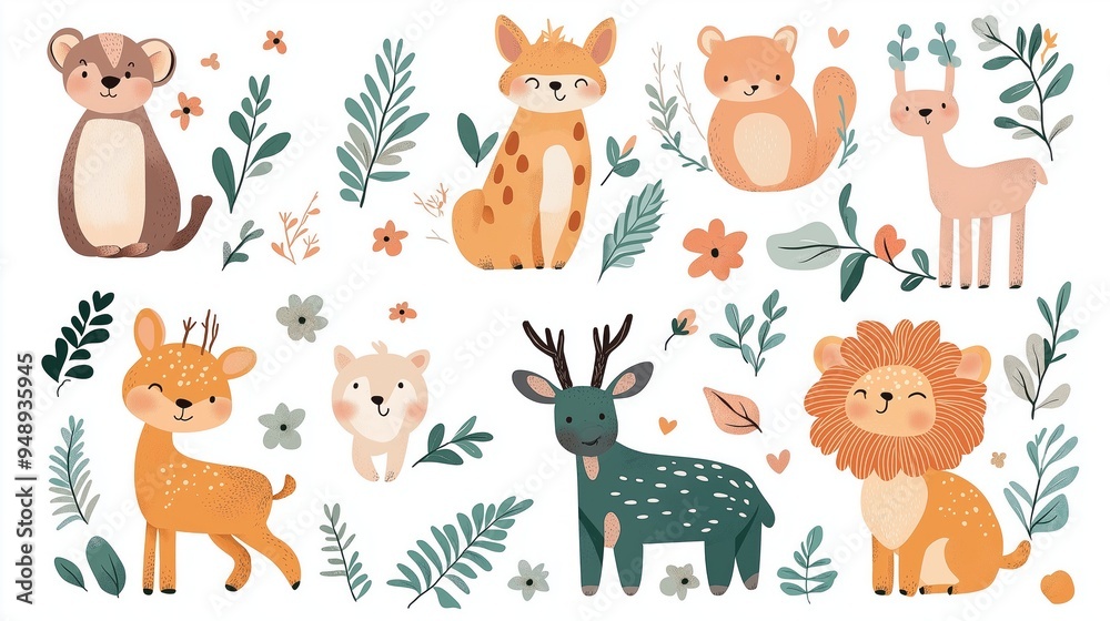 Cute woodland animals and plants in a whimsical, colorful illustration. Perfect for kids stickers. Cute woodland animals and plants in a whimsical, colorful illustration. Perfect for kids stickers.