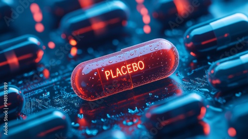 Glowing placebo pill among other capsules, concept of medical treatment. photo