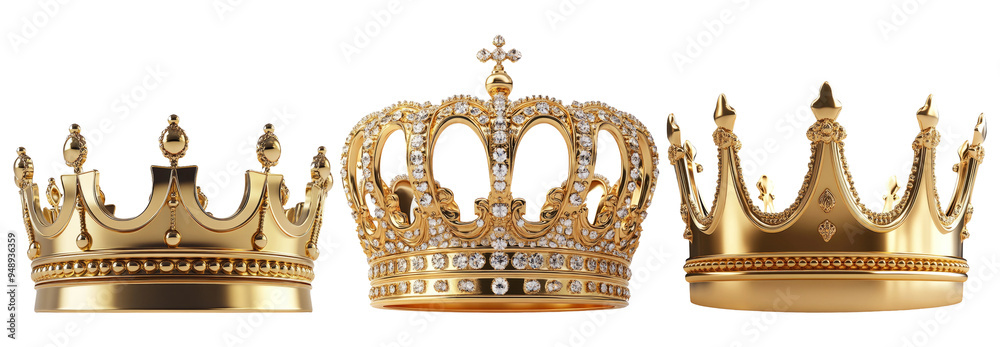 Royal golden crowns in different designs isolated on transparent background Royal golden crowns in different designs isolated on transparent background