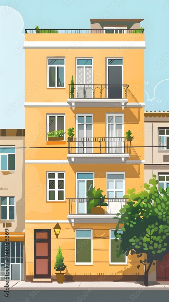 Yellow Building with Balcony and Windows Yellow Building with Balcony and Windows