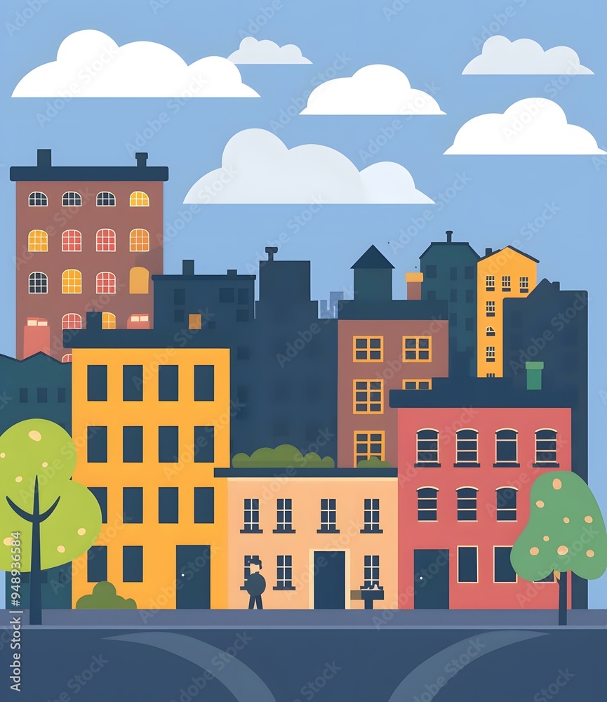 Simple Illustration of a Cityscape with Buildings, Trees and a Person Simple Illustration of a Cityscape with Buildings, Trees and a Person
