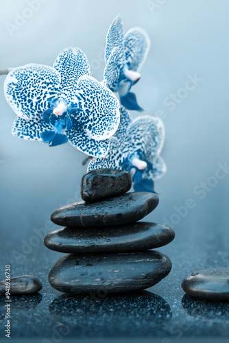 Spa stones and blue orchid flowers on the gray table background.