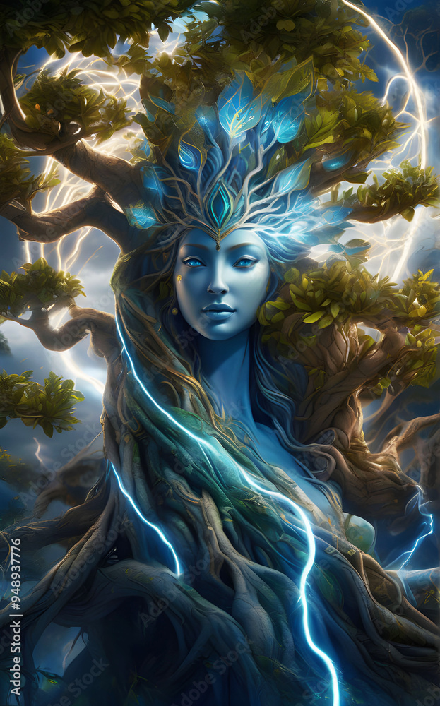 portrait of beautiful Eyva tree- goddess from Pandora planet. close up. Digital artwork. Ai generated