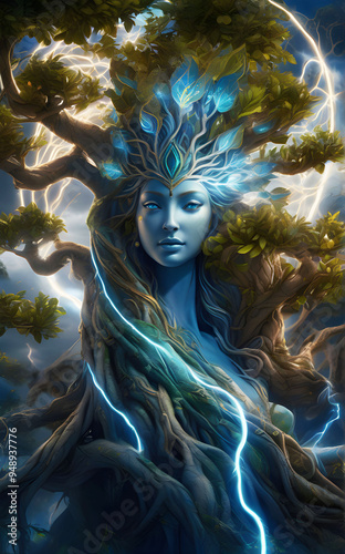 Obraz na płótnie portrait of beautiful Eyva tree- goddess from Pandora planet. close up. Digital artwork. Ai generated w salonie