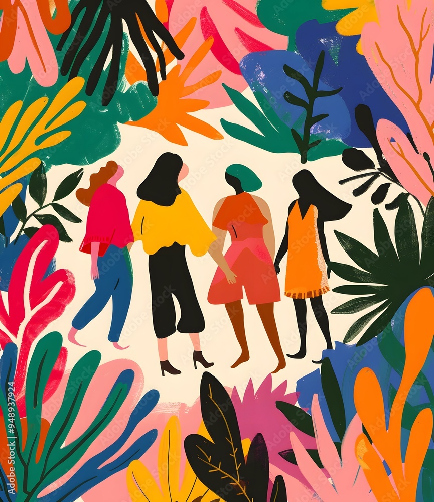Four Women Standing Together In A Garden Of Flowers Four Women Standing Together In A Garden Of Flowers