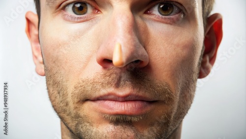 A close-up of a person's nose growing longer, a humorous depiction of the mythical physical consequence of dishonesty, set against a plain white background. photo