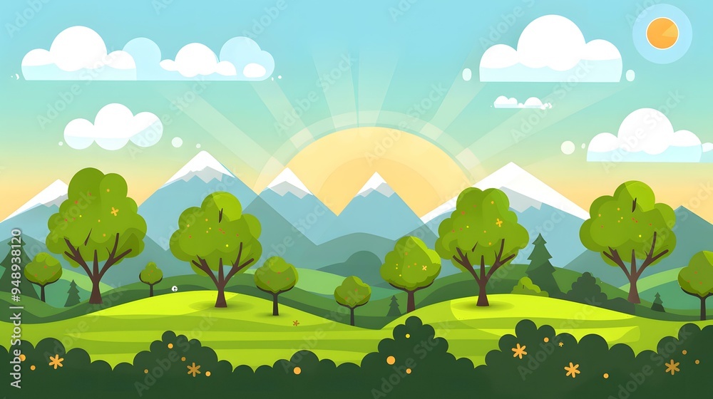 Fototapeta premium Green Meadow Landscape with Mountains and Sun