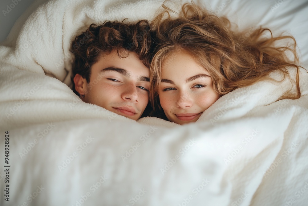 A couple sleeping and hiding under a white blanket A couple sleeping and hiding under a white blanket