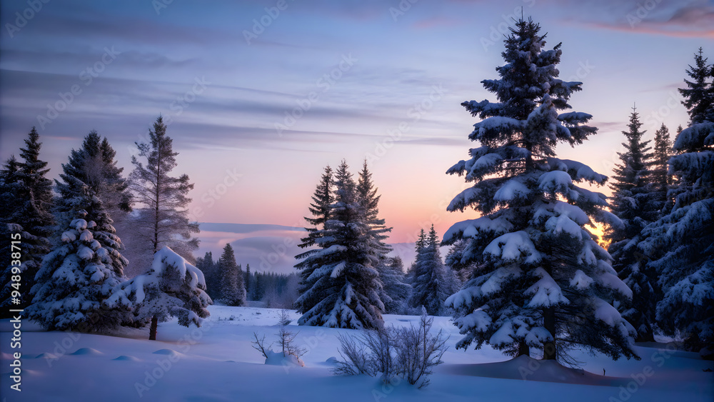 Obraz premium A serene winter landscape with snow-covered pine trees and a frozen lake. The sky is a pale blue, and the scene is peaceful and quiet, with the snow glistening in the soft light of the setting sun