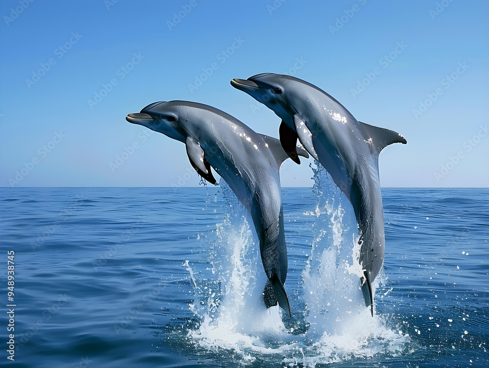 Obraz premium Three dolphins gracefully leap out of the sparkling water, creating a beautiful and joyful scene.