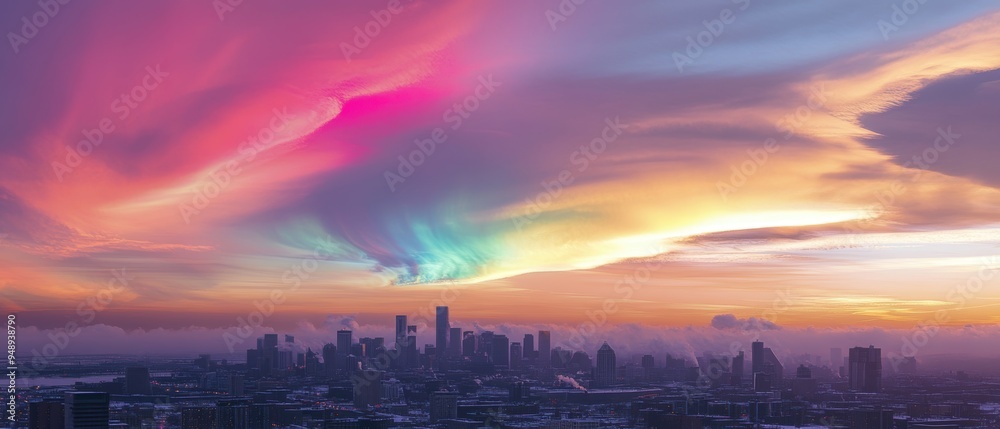 Dramatic sunset over a city skyline with vibrant colors and clouds in the evening sky Dramatic sunset over a city skyline with vibrant colors and clouds in the evening sky