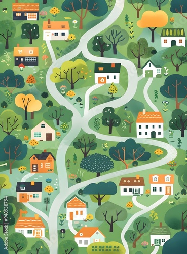 Winding Road Through Green Village Illustration