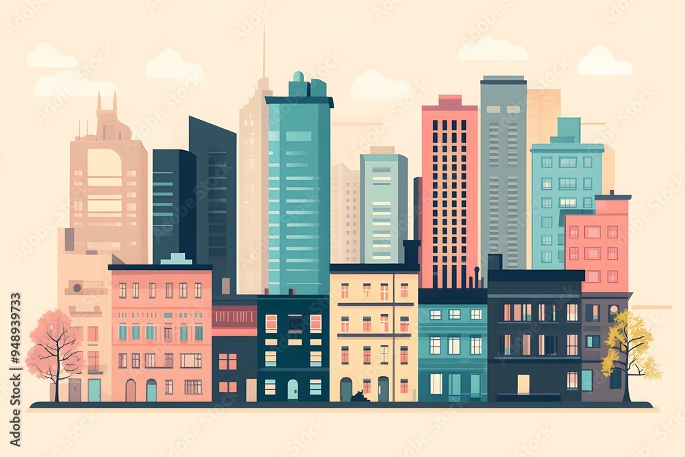 Flat Design Cityscape With Skyscrapers And Buildings Illustration Flat Design Cityscape With Skyscrapers And Buildings Illustration