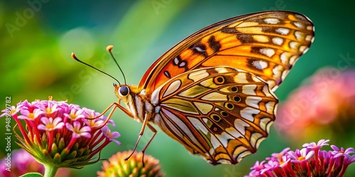 Delicate, intricately patterned butterfly Proboscis uncoils from its coiled state, extending long, slender tube to photo