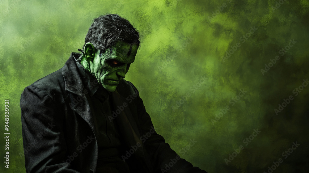 © Creative Valley - Halloween Frankenstein costume on green banner, spooky and fun © Creative Valley - Halloween Frankenstein costume on green banner, spooky and fun