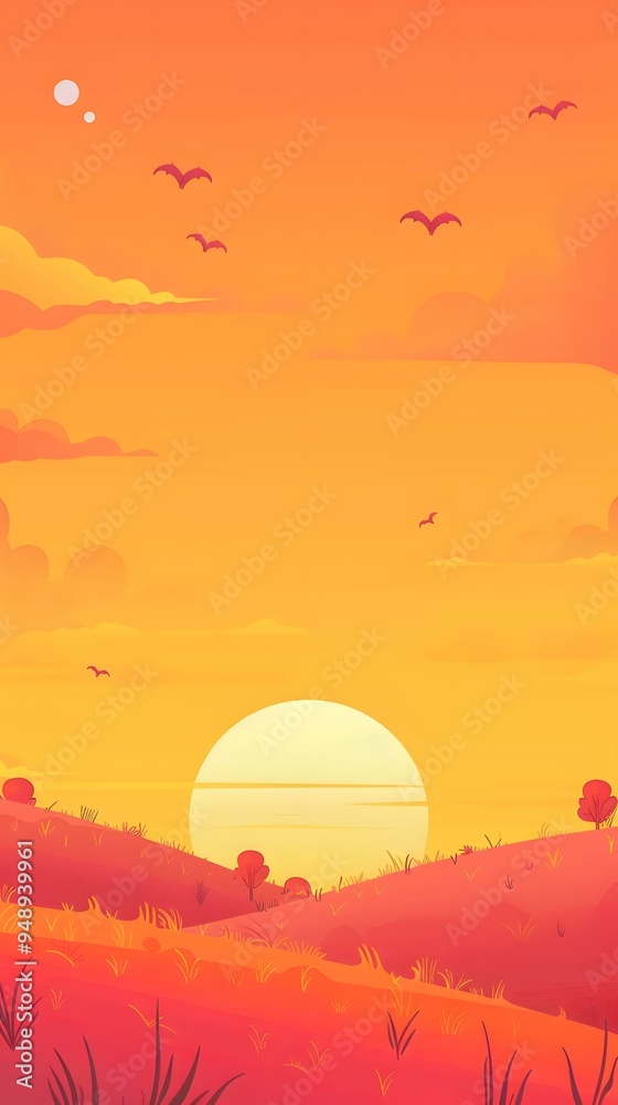 Fototapeta premium Sunset Over a Hilly Landscape with Birds Flying