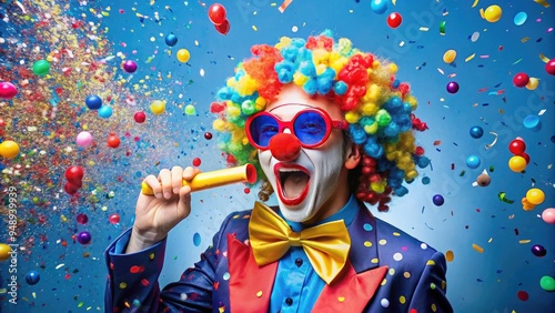 A colorful blue-costumed clown wears a bright red nose and oversized sunglasses, holding a festive noisemaker and surrounded by confetti, celebrating Purim festivities. photo