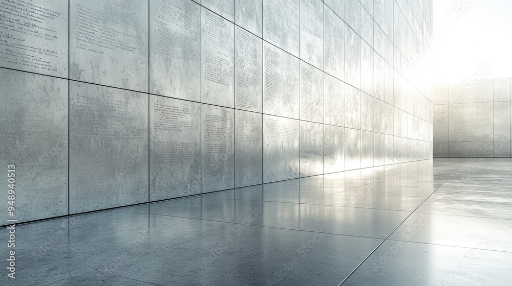 Modern architecture of a reflective wall with engraved text in a minimalist space during daylight Modern architecture of a reflective wall with engraved text in a minimalist space during daylight