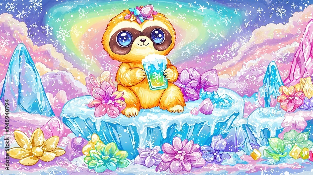 Naklejka premium A depiction of a furry bear perched atop an icy surface, holding a frosty mug of beer in one paw