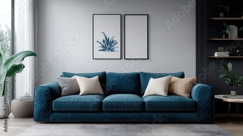 A minimalist design blue sofa with a mix of neutral-colored pillows against a modern living room interior featuring wall art, plants, and a serene ambiance.