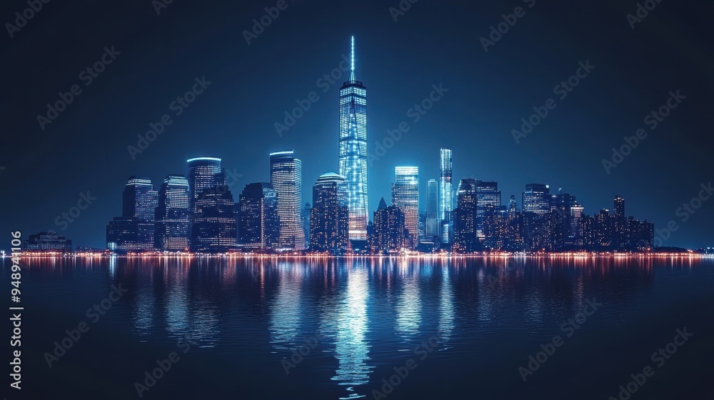 Obraz premium NYC skyline shines at night, reflecting on water with its lit-up buildings