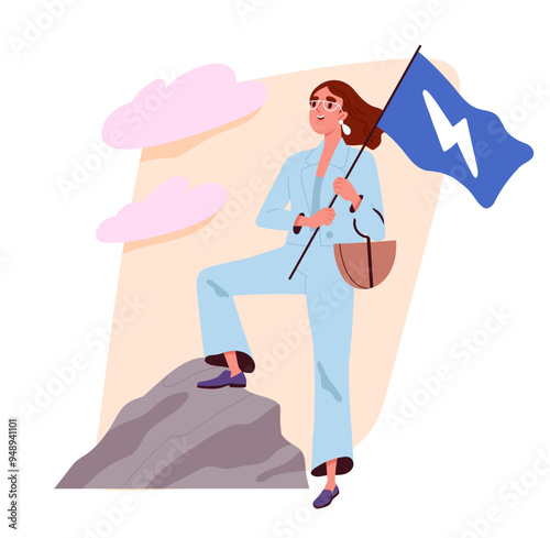 Confident woman at top. Businesswoman with flag stands at mountain, peek or cliff. Business motivation and success. Poster or banner. Flat vector illustration isolated on white background
