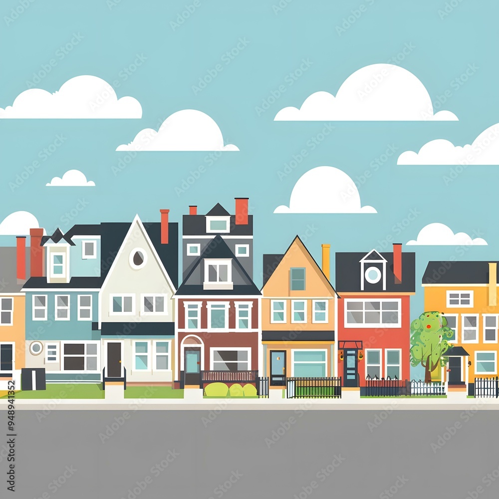 Colorful Suburban Houses Row Illustration Colorful Suburban Houses Row Illustration