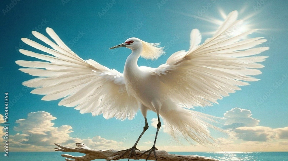 A white bird with spread wings perched on a tree overlooking water and cloudy sky A white bird with spread wings perched on a tree overlooking water and cloudy sky
