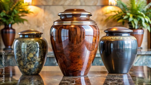 3 different type of urns with ashes, covered with lids, stand on a marble table in a funeral home